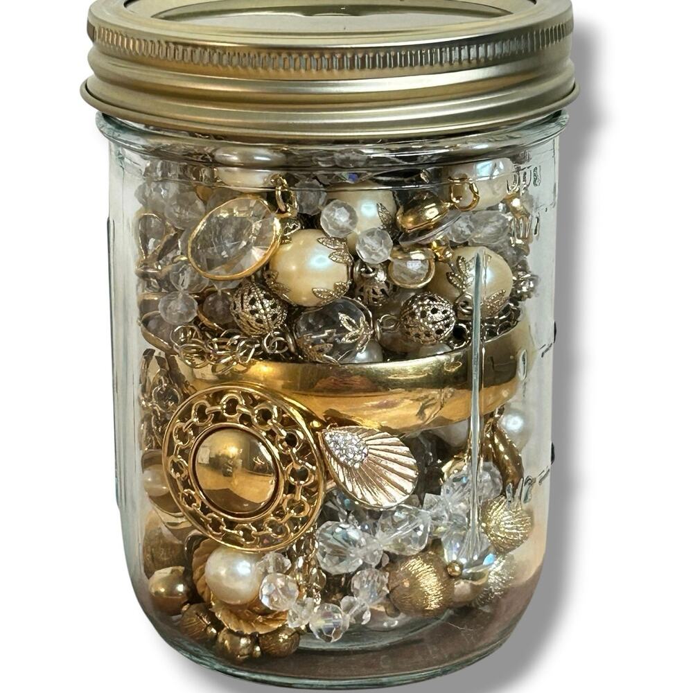 Vintage Jewelry Jar Gold White Clear Tones Necklaces Bracelets Earrings